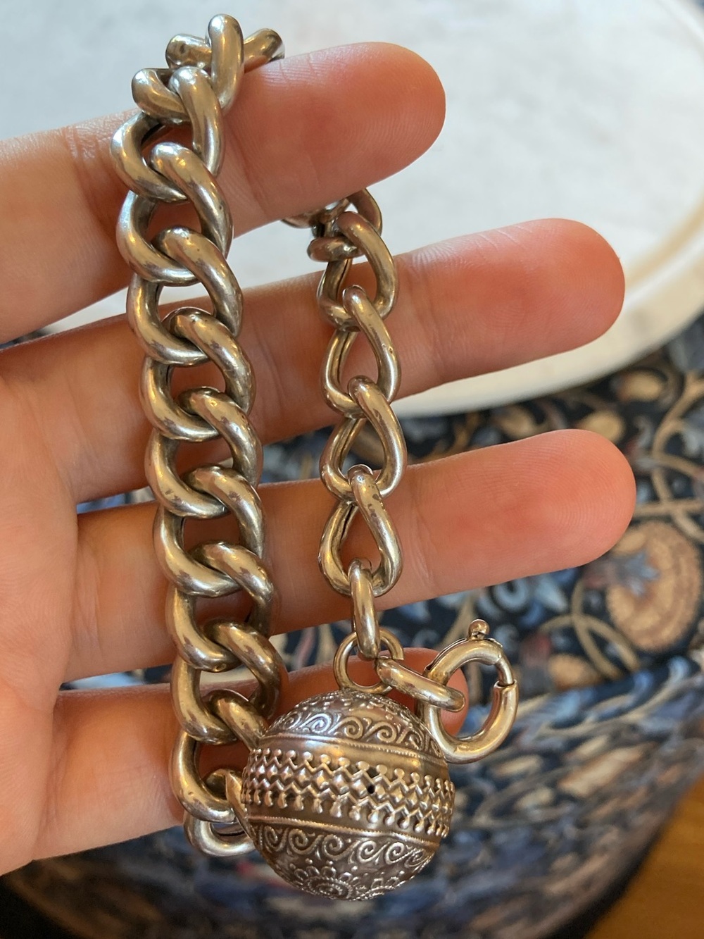 Antique Victorian Etruscan Revival Orb Charm 800 Silver Curb Link Bracelet